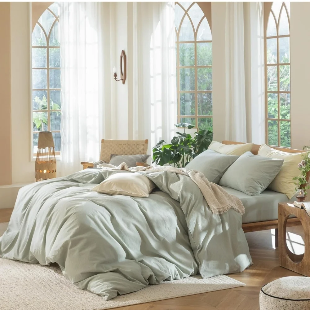 MooMee Bedding Duvet Cover Set 100% Washed Cotton Linen Like Textured Breathable